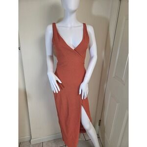 TJD Rust Orange Pointelle Knit Wrap V-Neck Midi Dress with Side Slit XS